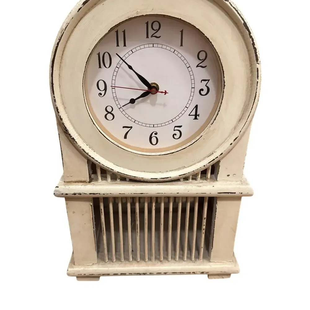 Vintage French Country-style Mantel Clock with A Distressed White Finish. Works